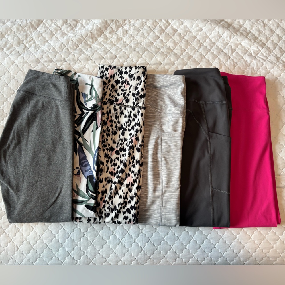 Women's Leggings - Gray, light Gray, Pink, and Patterned leggings